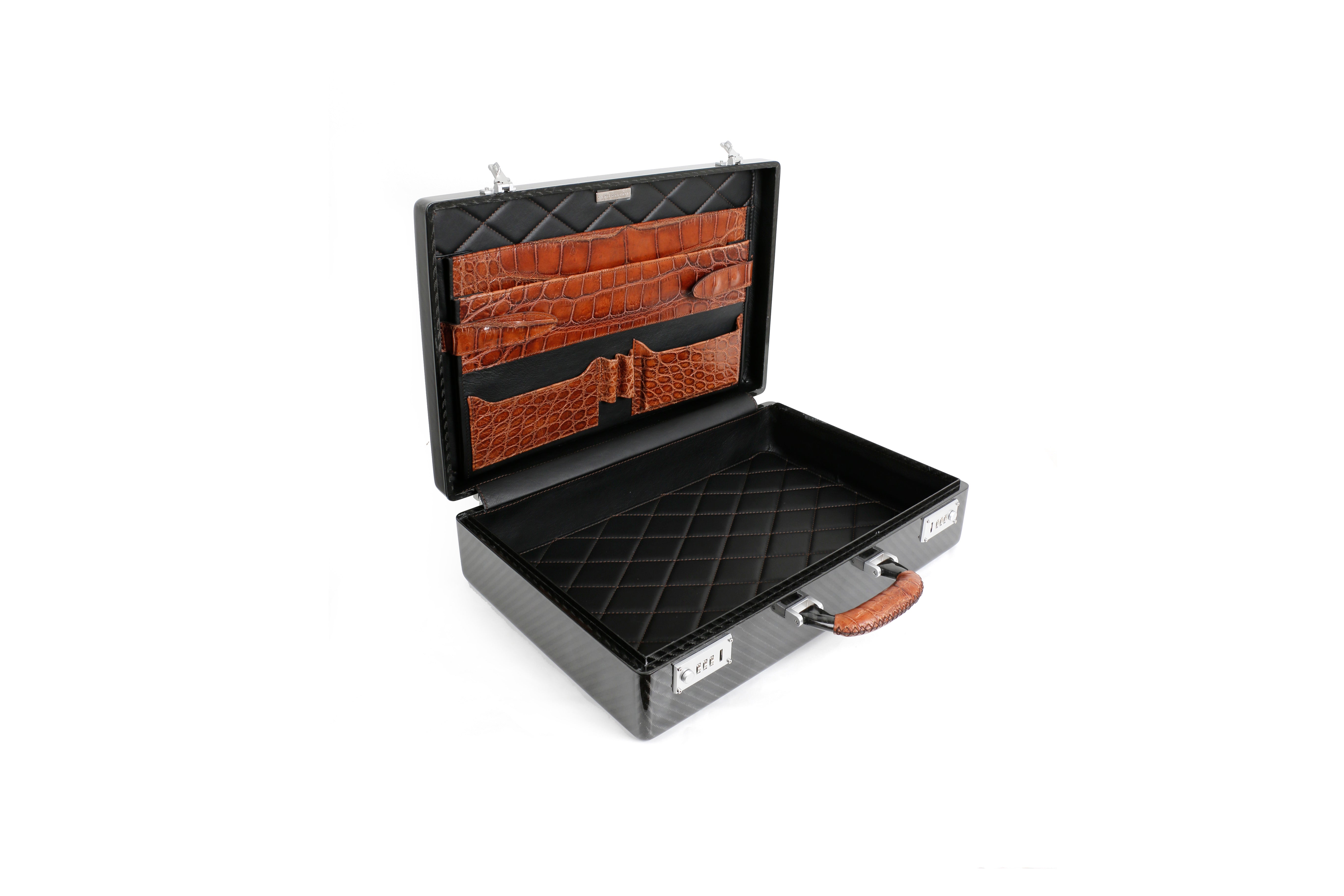 Amaya Carbon Fiber Attache Case, Crocodile Chestnut